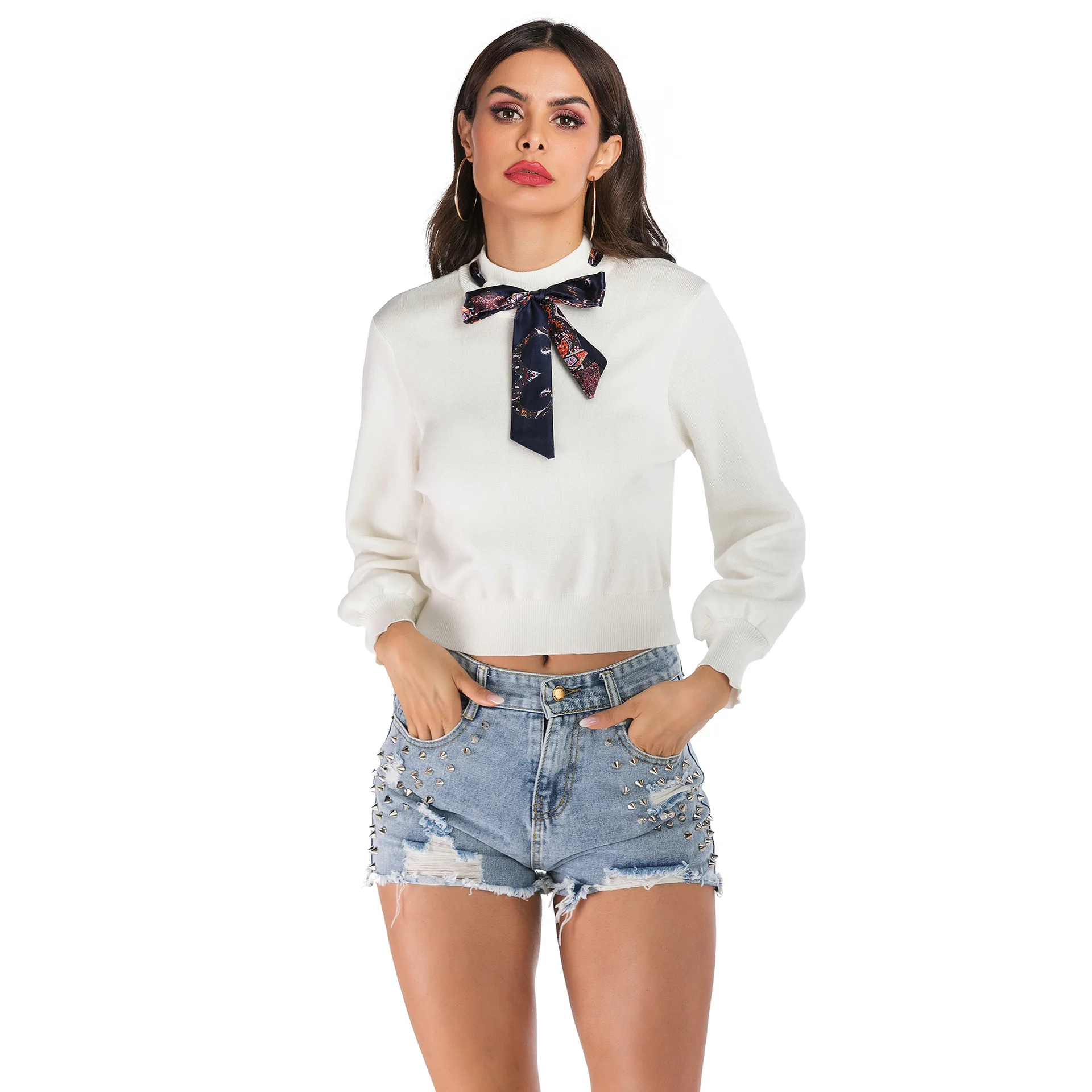 Новый пуловер свитер облегающий вязаный женский с длинным рукавом и бантом милая