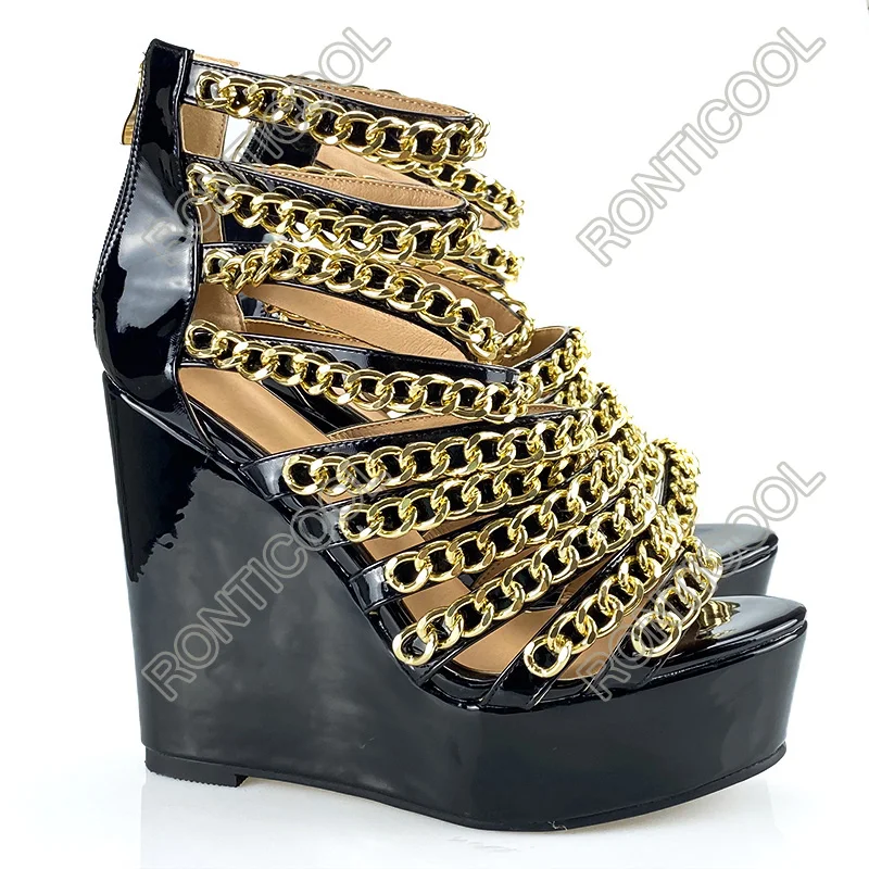 Ronticool Женские глянцевые сандалии ручной работы с золотой цепочкой на танкетке