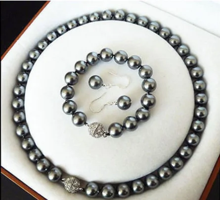 

12mm natural south seas black shell pearl necklace bracelet earrings set