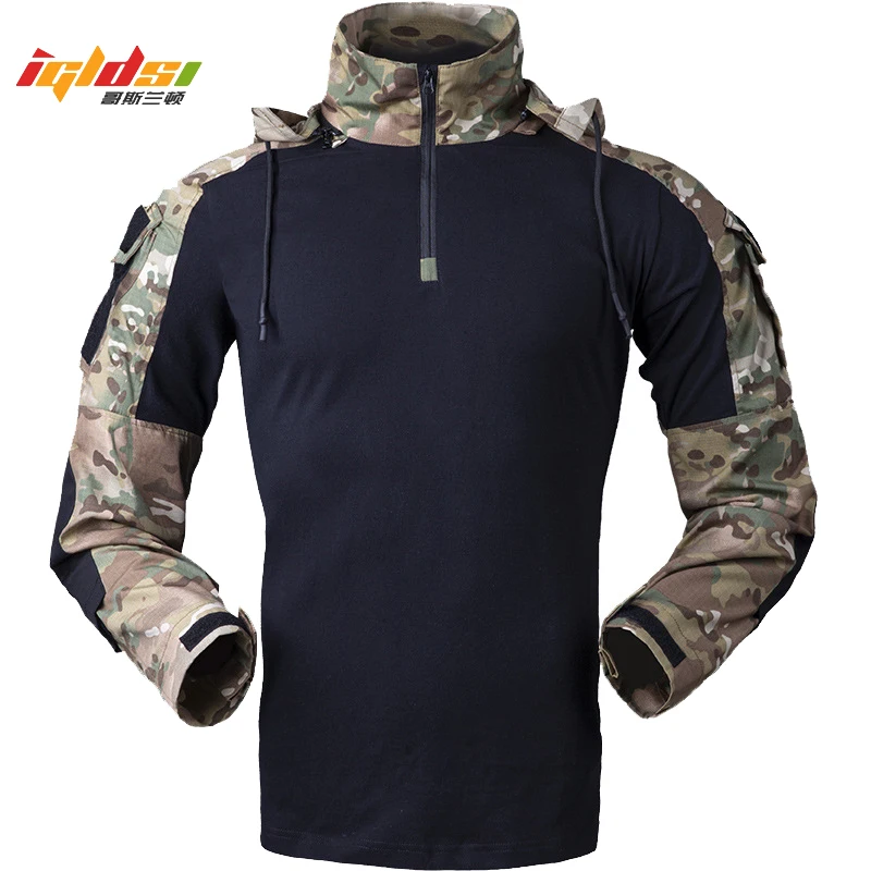 

Men's Tactical Combat Shirt Long Sleeve Military Soldiers Army Hooded Solid Shirt Outwear Ripstop Air Soft Hunting T-shirt