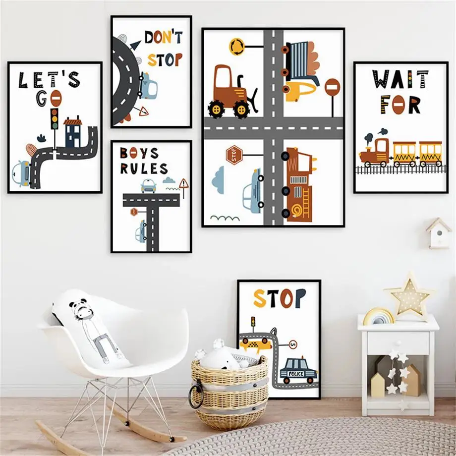 

Traffic Light School Bus Police Train Boy Rules Nordic Posters And Prints Wall Art Canvas Painting Wall Pictures Kids Room Decor