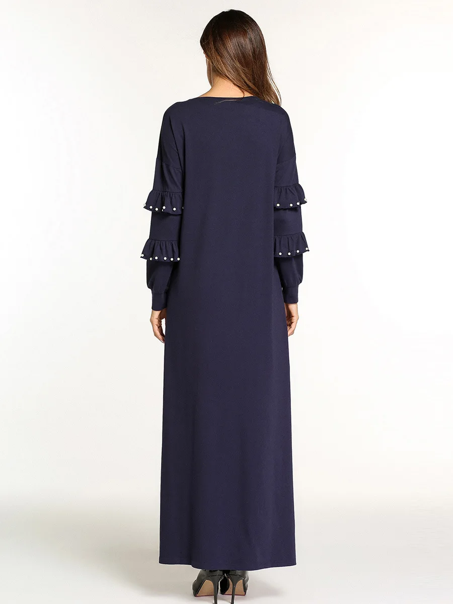 

Middle Eastern Muslim Dress Knitted Ruffled Beads Autumn Dress Gown Fashion Simple Abaya Femme Musulman Robe