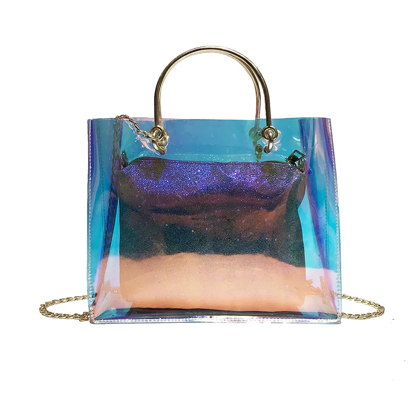 Лазерная прозрачная Желейная сумка женская модная металлическая цепочка ручная