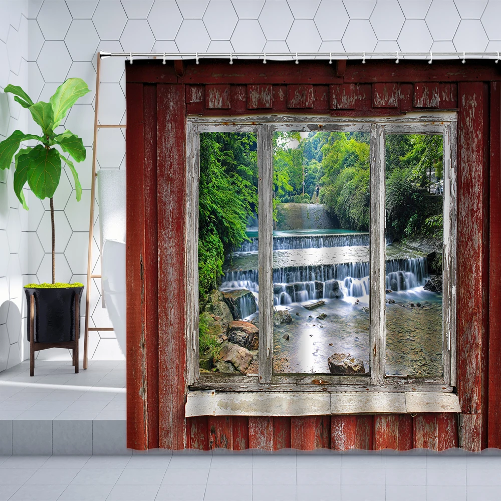 

Занавеска для душа с деревянными окошками в стиле ретро, занавеска для ванной из полиэстера с изображением водопада, леса, зеленых растений,...