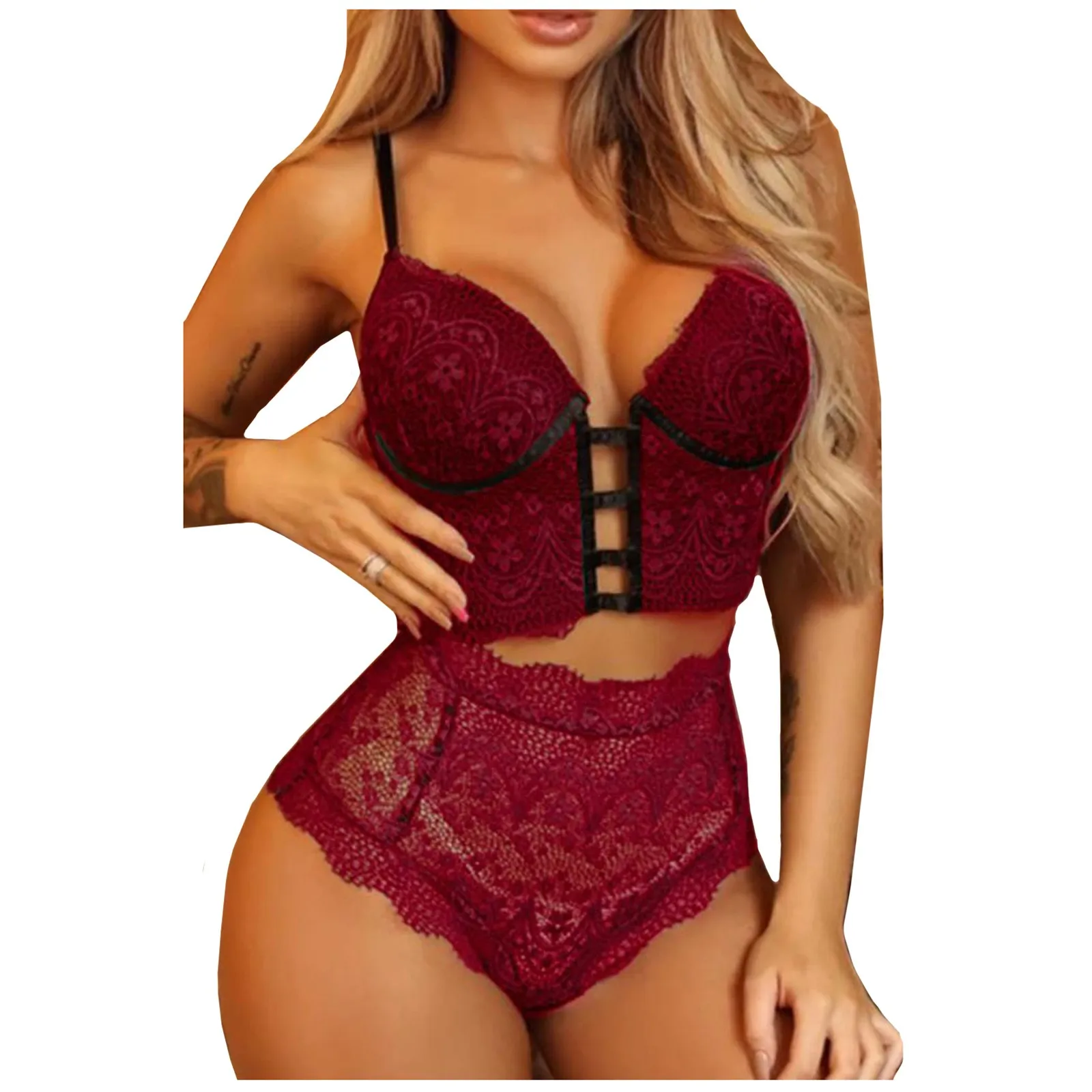 

Sexy female comfortable polyester lace sexy underwear set, solid color temptation hollow bandage thong suit F04*