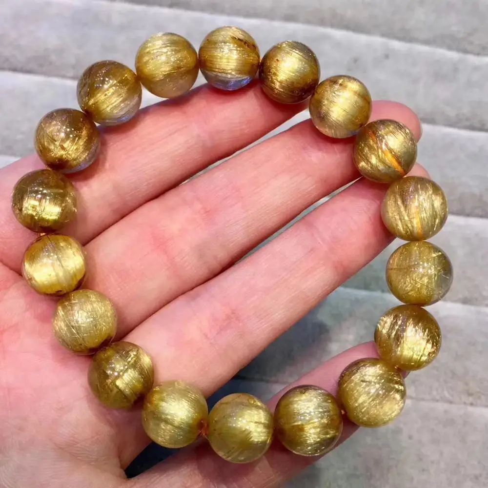 

11mm Natural Brazil Gold Rutilated Titanium Bracelet For Woman Lady Man Crystal Round Beads Stretch Jewelry AAAAAA Certificate