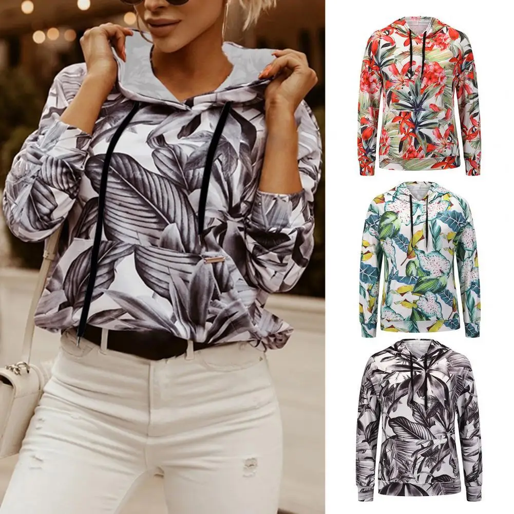 

Women Hoodie Subtropical Leaf Print Hooded Autumn Winter Large Pocket Drawstring Sweatshirt Sportswear