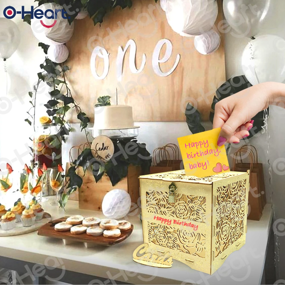 OHEART Diy коробка для приглашения на свадьбу деревянная деревенская Подарочная коробка с замком коробка для денег полые сердца в форме коробка подарочной карточки и карты знак на день рождения