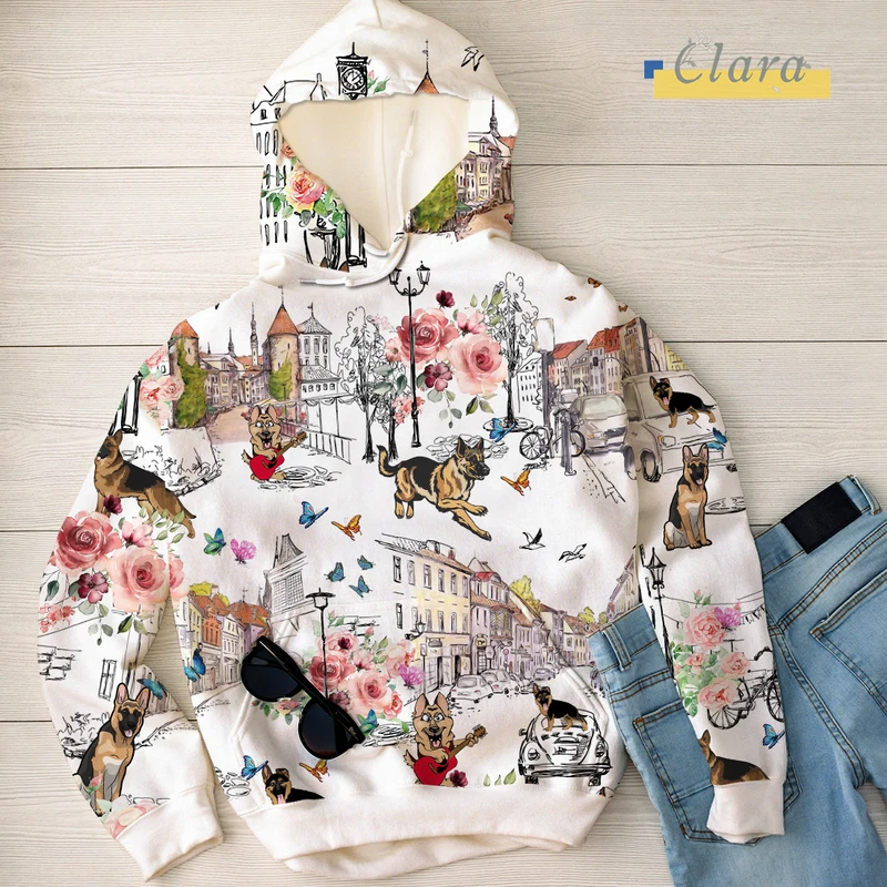 

2021 New Dropshipping 3D Hip Hop Cartoon Dog With Butterfly Hoodies Usa Big Size Oversized Customized Women Clothing