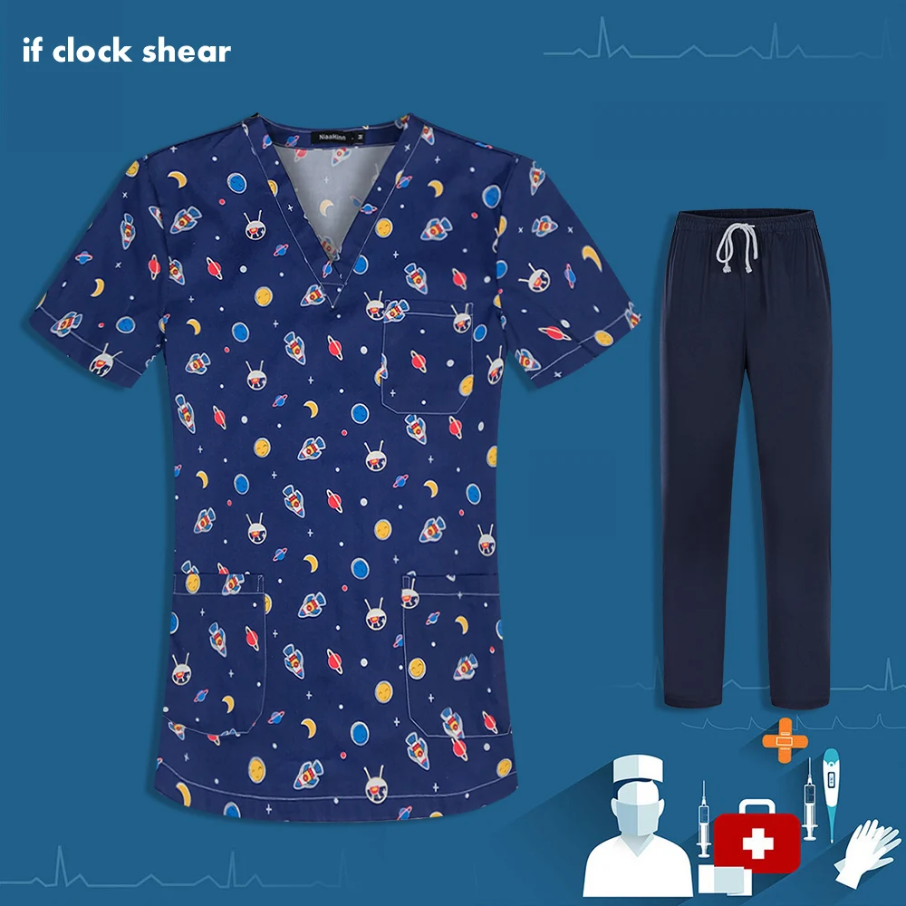 

Униформа медицинская с мультяшным принтом, дышащий топ с V-образным вырезом для медсестер, врачей, медсестер