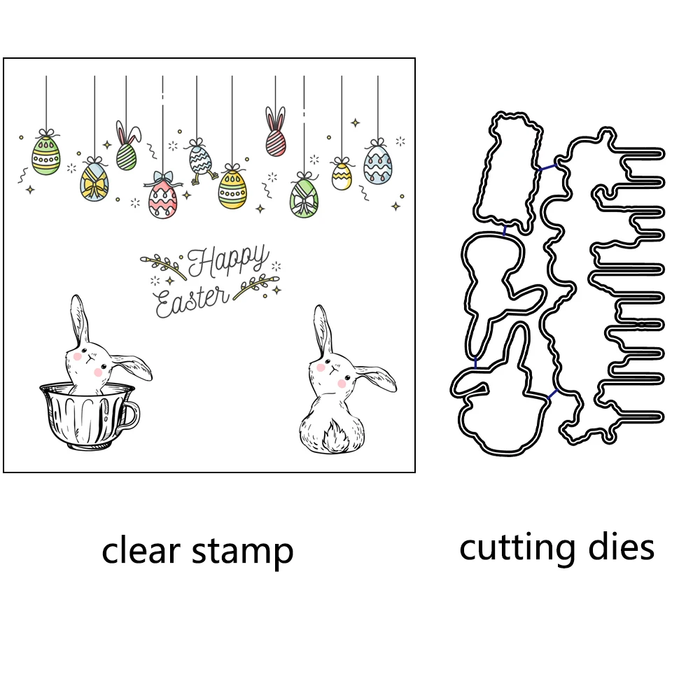 

AZSG Easter Rabbit In The Cup Cutting Dies Clear Stamps For Scrapbooking Card Making Decoration Silicone Stamps Crafts