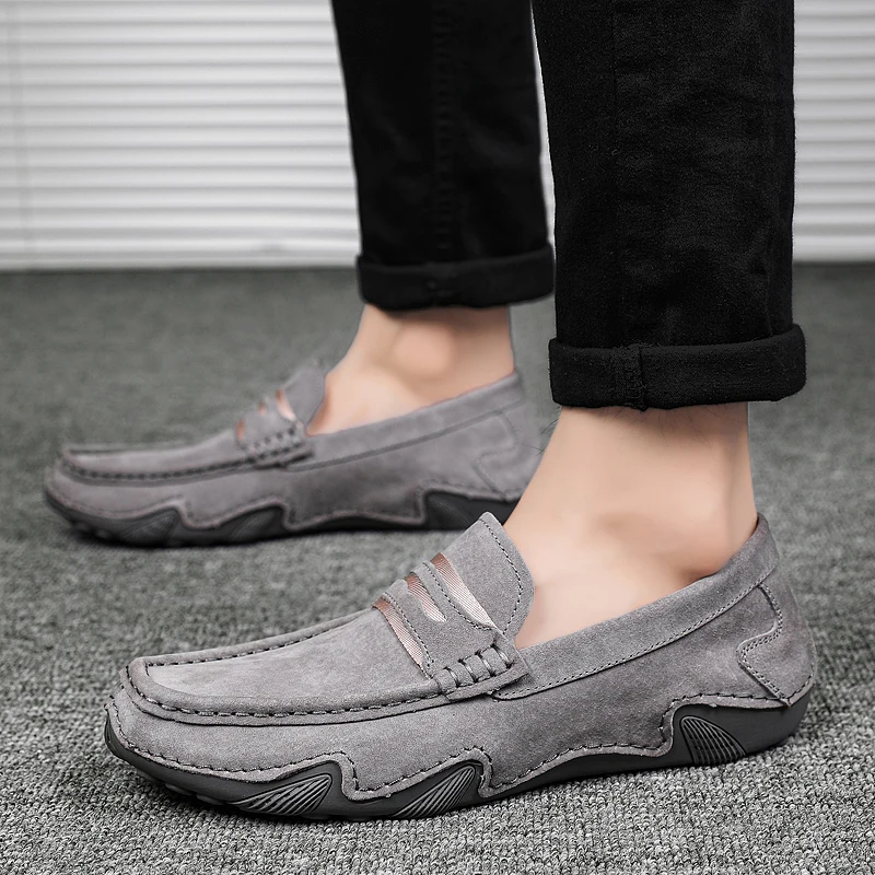 

Мужские кожаные мокасины на плоской подошве, синие мягкие лоферы, воздухопроницаемые, повседневная обувь для вождения, 2021