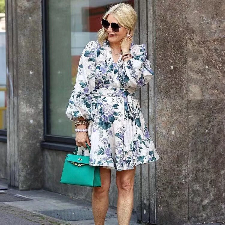 

2021 European and American Pajamas Style V Neck Lantern Sleeve Women Flower Print Atmosphere Linen Dress
