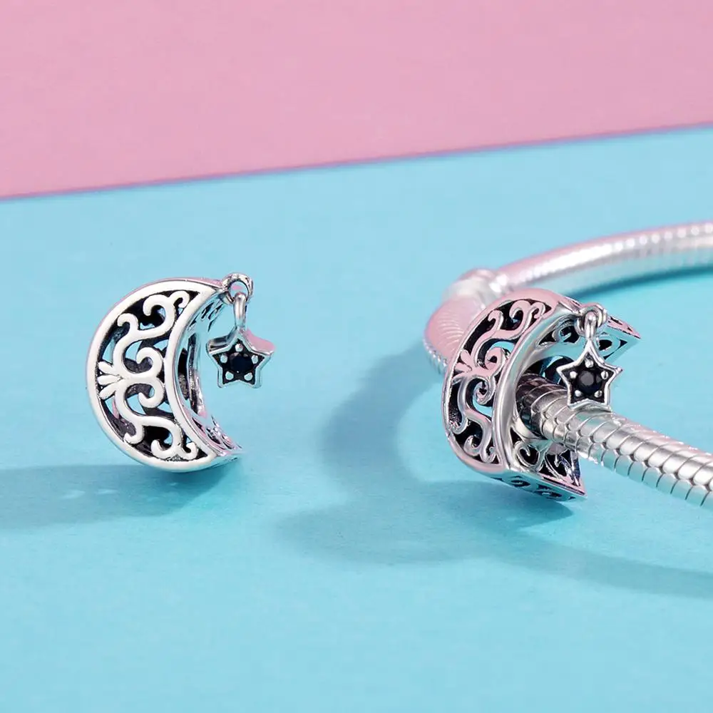 925 Sterling Silver Charms Fit original Pandora Bracelets Necklaces Secret Planet Moon Star Pendant Blue Ename Jewelry | Украшения и
