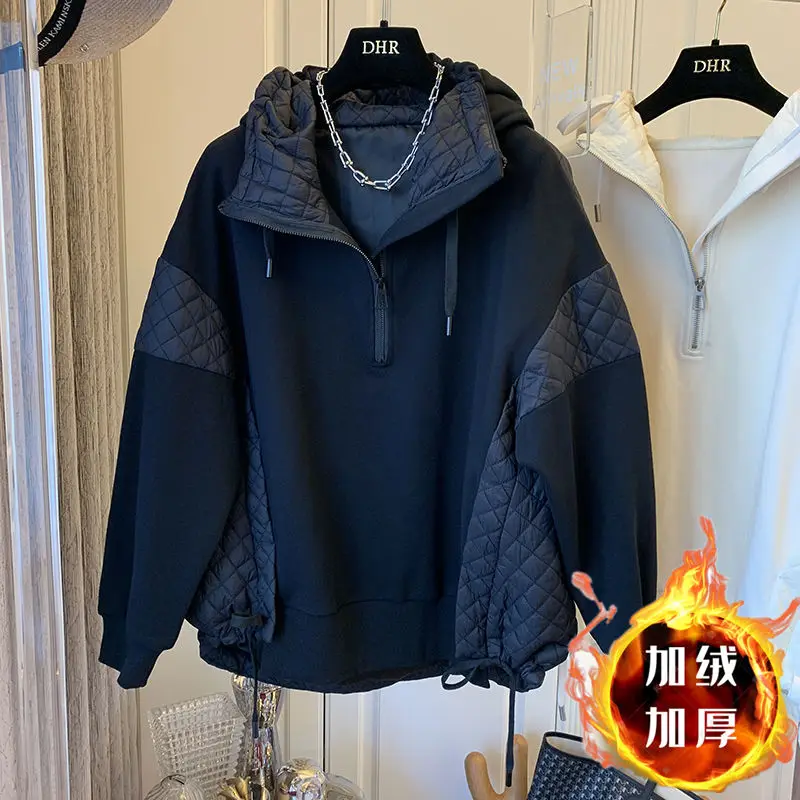 

Толстовка женская оверсайз с капюшоном, хлопковая теплая Свободная кофта с капюшоном, в клетку, со стразами, 2021