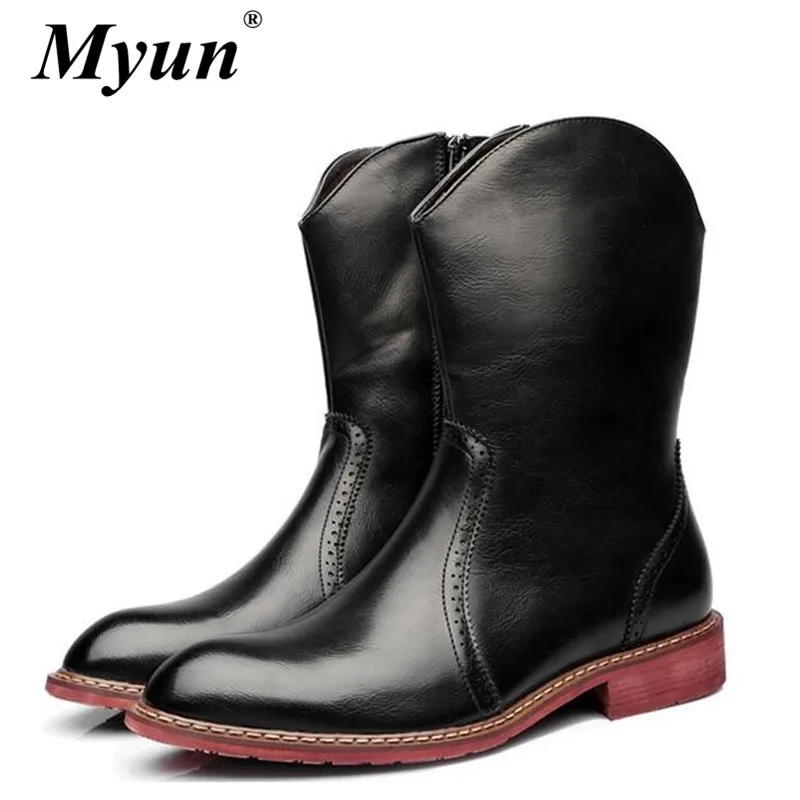

Genuine leather Man Riding Boots High-quality Mid-Calf Western cowboy boots Fashion Pointed Toe Keep Warm Plush Motorcycle boots