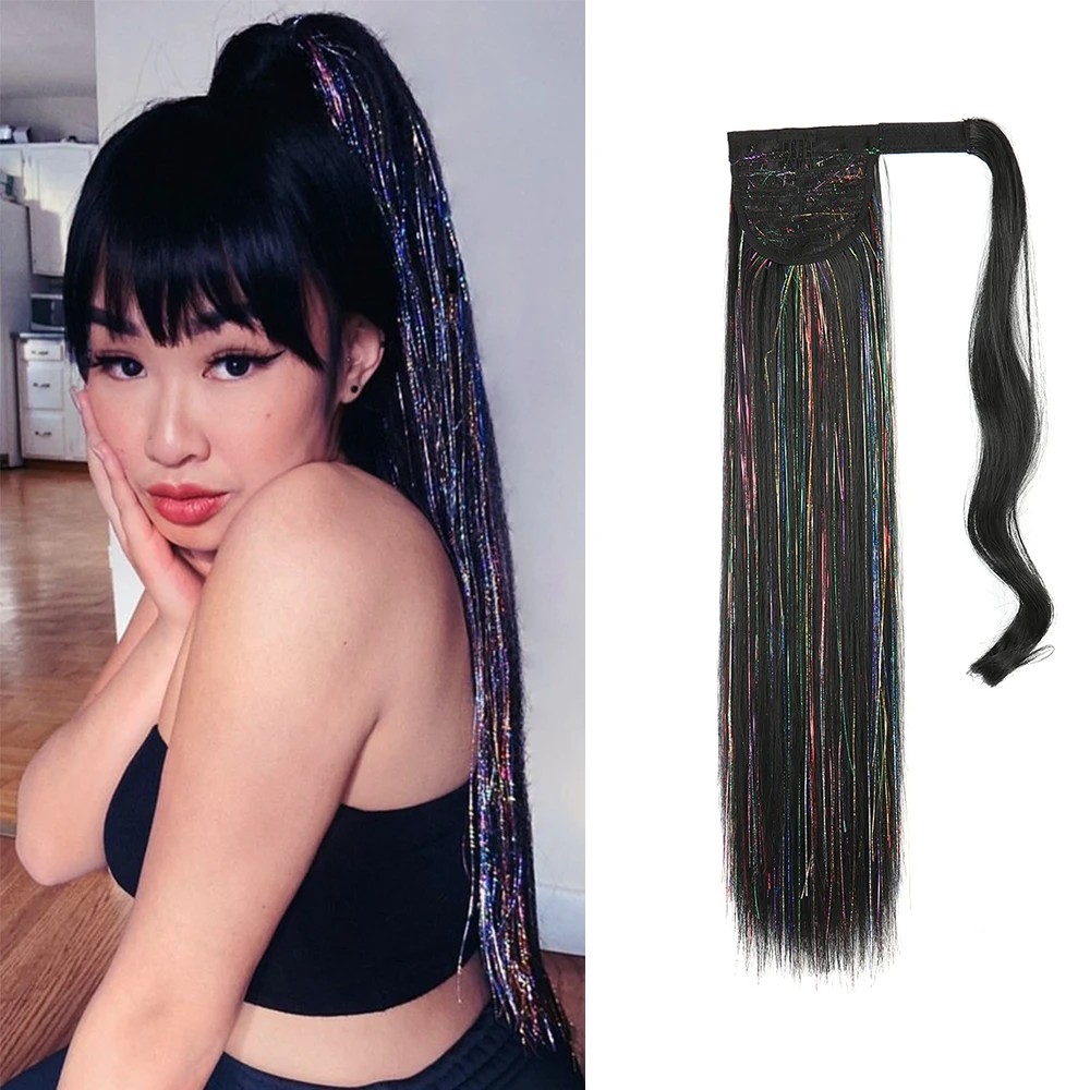 

Tinsel Laser Ponytail Hair Long Straight Ponytail Synthetic Hairpieces Wrap on Clip Hair Extension Brown Colored Fake Hair piece