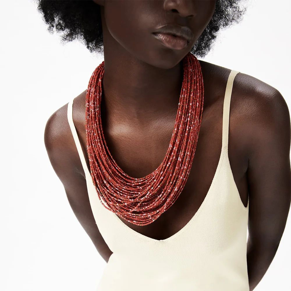 

Za Exaggerated Bohemian Multi-layer Braided Beaded Necklace 2021 Trend Retro National Temperament Woman Necklace