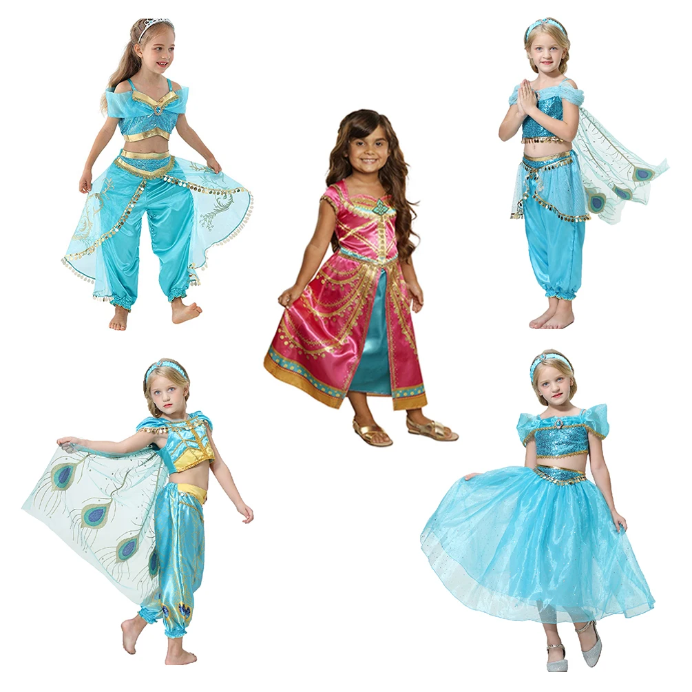 Movie Girls Kid Summer Jasmine Princess Dance Dress Children Aladdin Halloween Party Performance Costume Top Skirt Pant Set
