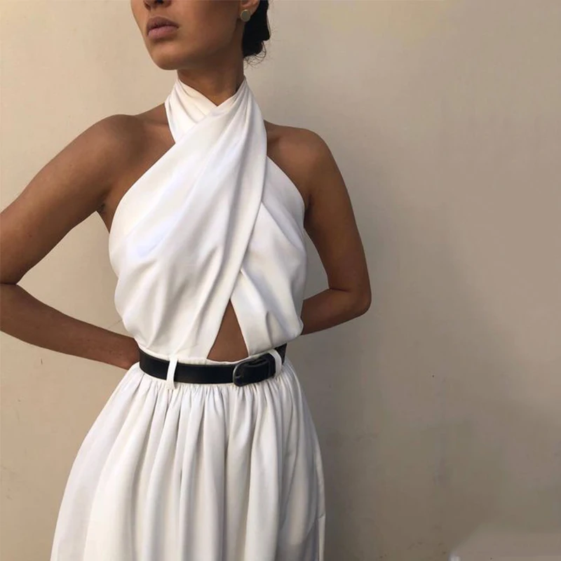 С открытой спиной без рукавов Холтер Белый сексуальный длинный комбинезон