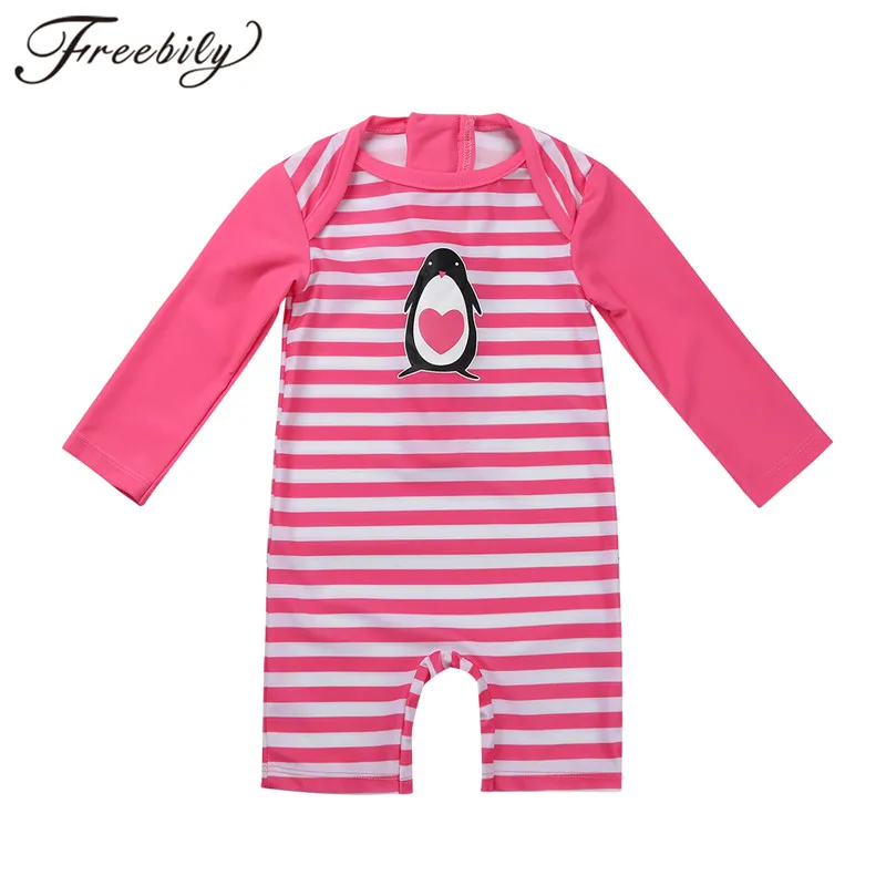 

Kids Girls One-piece Long Sleeves Rash Guards Penguin Pattern Printed Striped Swimsuit Toddler Swimwear Baby Girls Bathing Suit