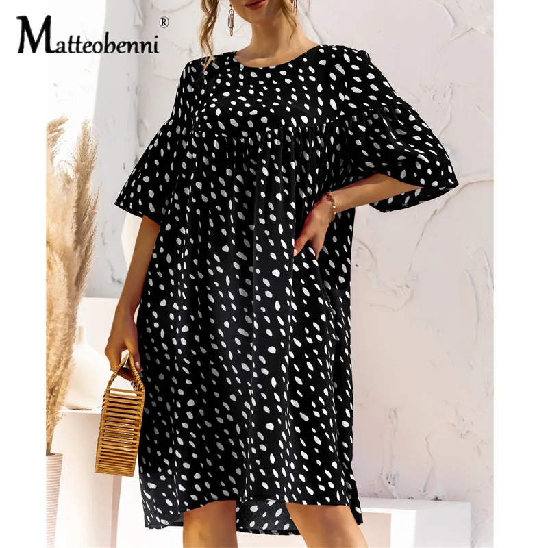 

2021 New Polka Dot Dress Women Summer Boho Beach Middle Dress Casual O Neck Short Sleeve Ladies Office Elegant Dress Vestido
