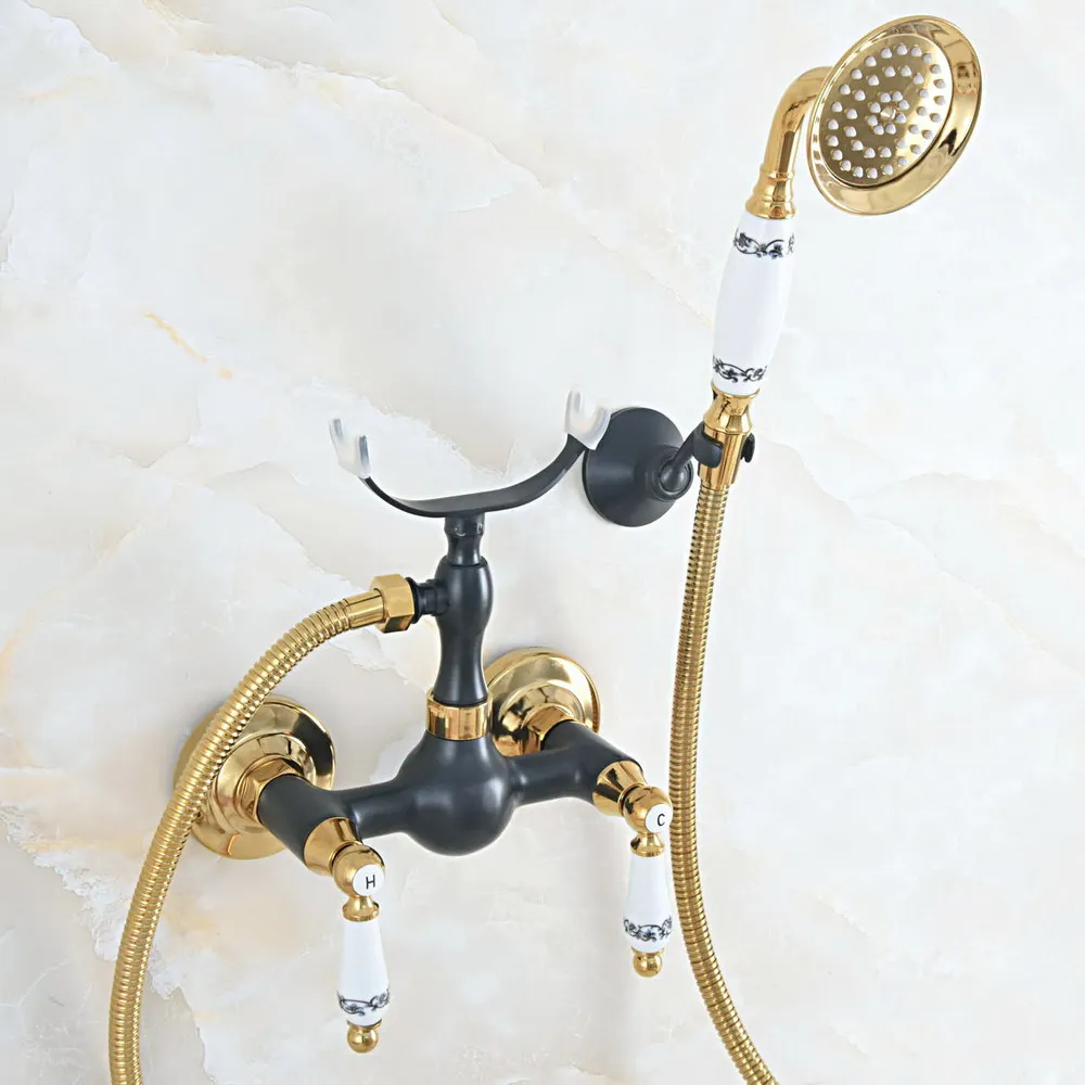 

Black Oil Rubbed & Gold Brass Wall Mount Bathtub Faucet with Handheld Shower Set +1500MM Hose Mixer Tap 2na561