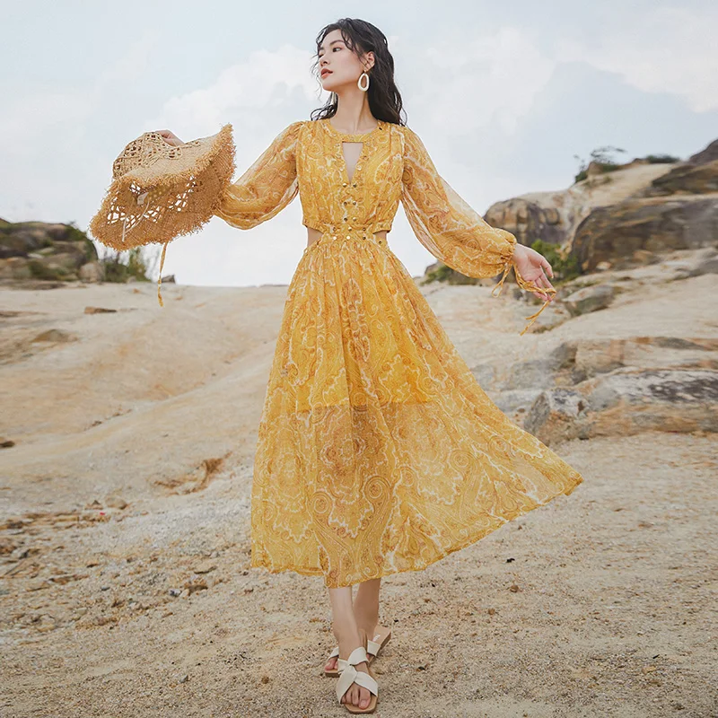 

Женская одежда с высокой талией 2020, богемное желтое солнцезащитное пляжное платье с рукавом девять баллов, платье с круглым вырезом для отд...