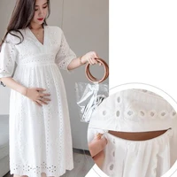 delicate hollow out white maternity dresses breast feeding dress maternity clothings pregnant women loose pregnancy clothes