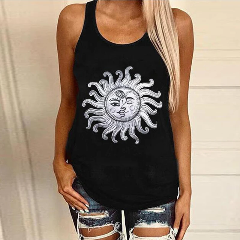 

Summer Sexy Sleeveless Tops Women Vintage Moon Sun Print Blouse O-Neck Tank Pullovers 2021 Fashion New Loose Streetwear Blusa
