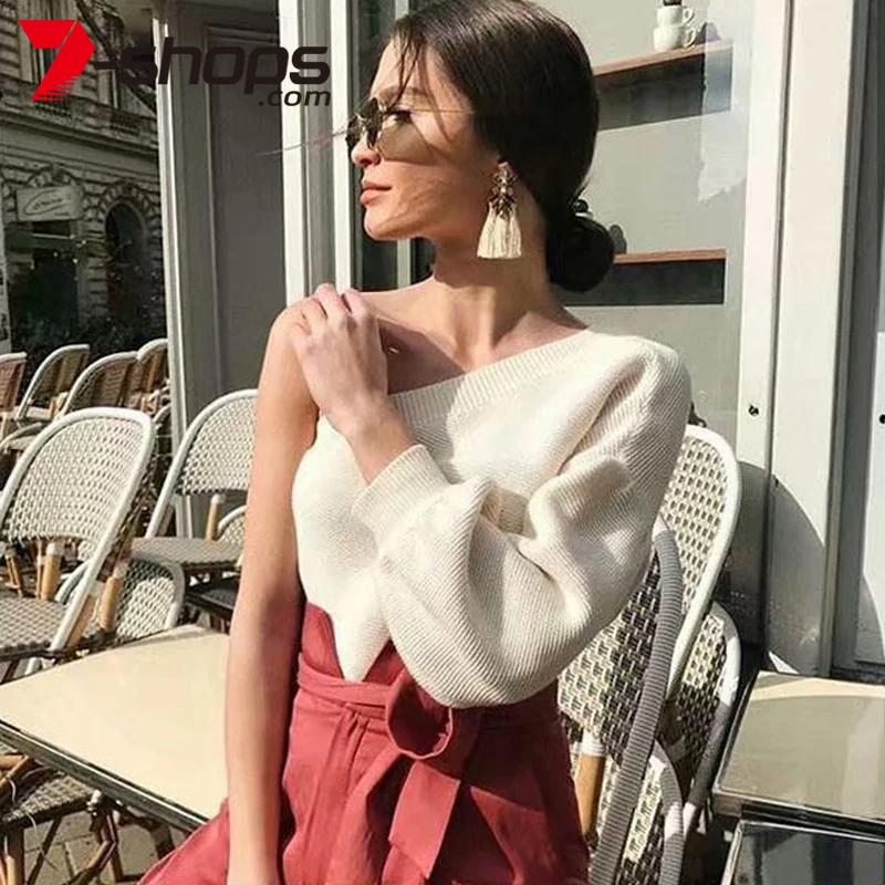 Женский вязаный свитер AECU белый на одно плечо Повседневная Уличная одежда |