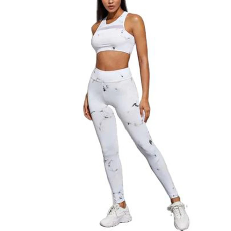 

Suits For Women Summer White Stretch Sleeveless Bra Sports High Waist Pants Gradient Tie-Dye Printing Two-Piece 2020 New