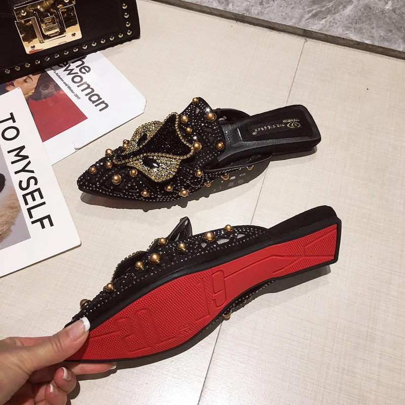 Женские мюли блестящие слайдеры без шнуровки заостренный носок заклепки