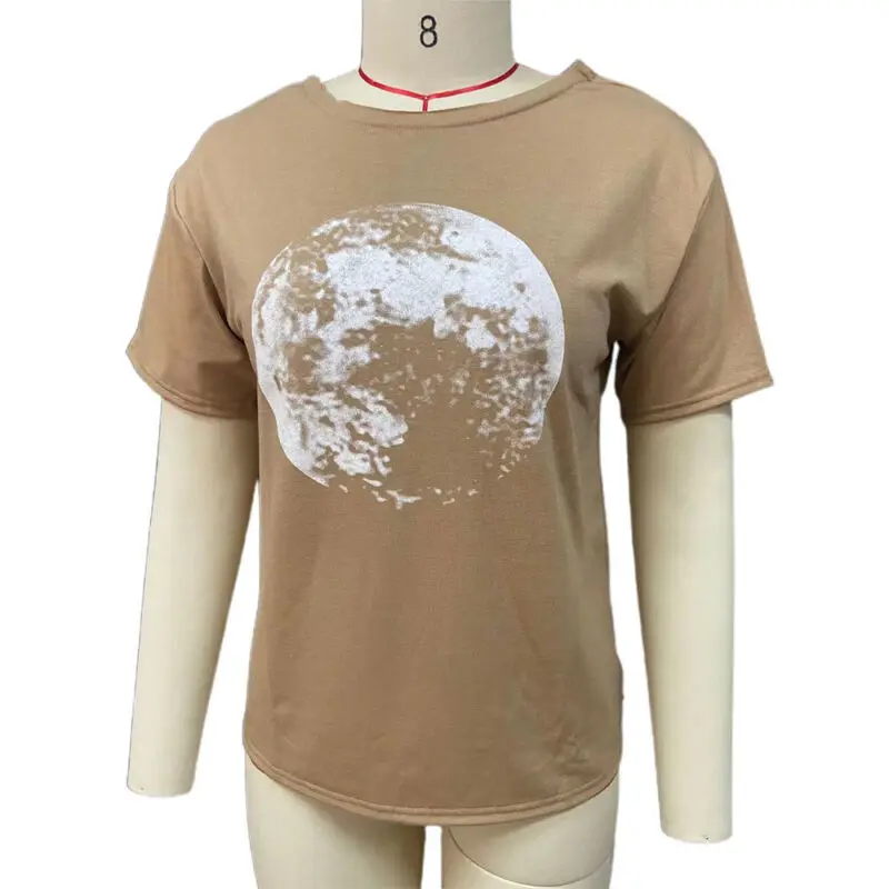 

Женский пуловер с круглым вырезом и принтом Луны, повседневный летний пуловер с коротким рукавом, новинка 2021, женская одежда, футболки