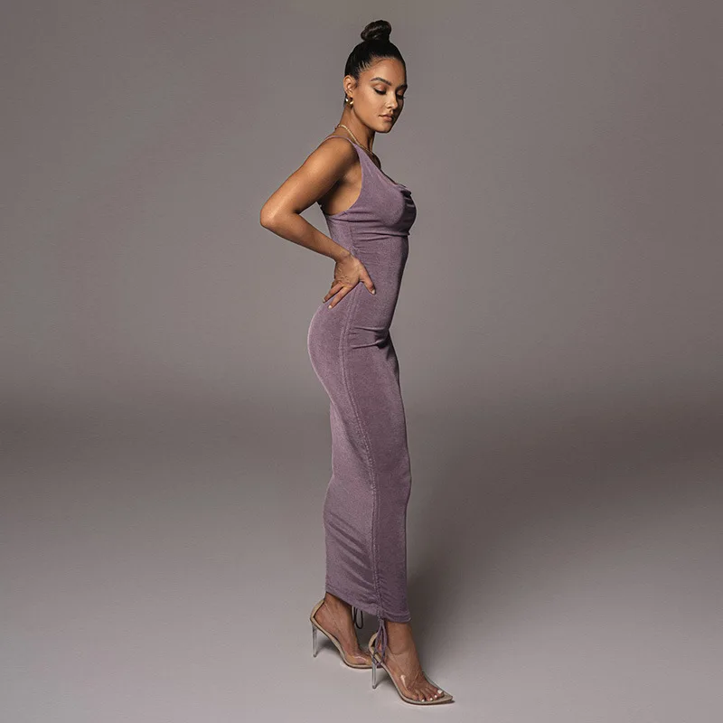 

Fashion Women's Dress New Summer Casual Hot Sale V-neck Pullover Solid Color Drawstring Retractable Sling Sexy Dress Donsignet