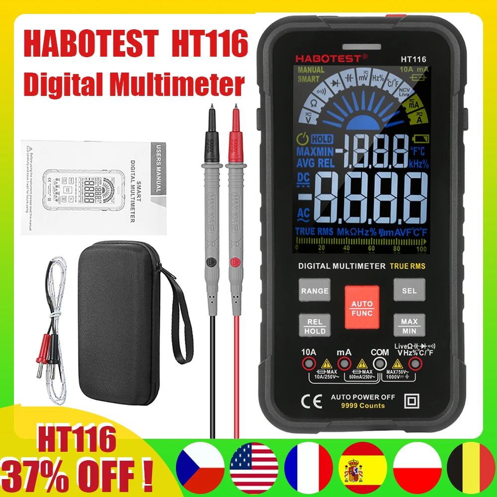 

HABOTEST HT116 9999 Counts Digital Multimeter Auto Range 1000V 10A Tester Meter Ohm Hz Capacitance True RMS AC DC Multitester