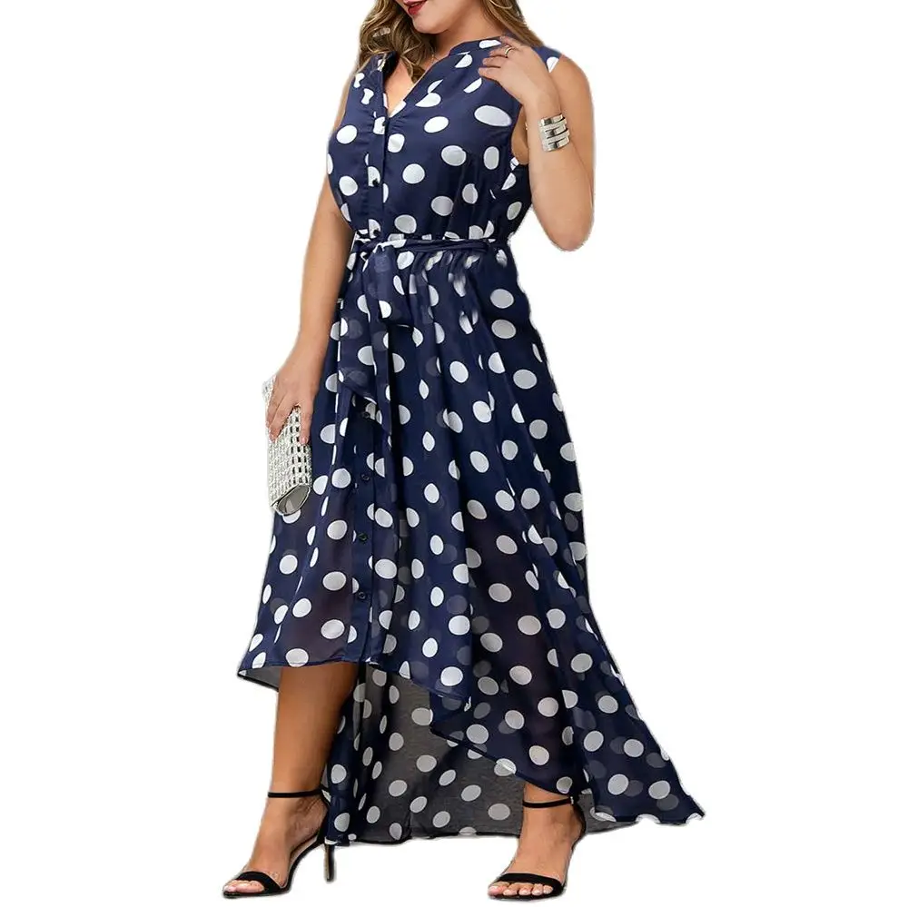 

Women's Casual Dress Elegant Belted Sleeveless A-Line Plus Size Party Dress 2021 Fashion Polka Dot Female Loose Summer Sundress