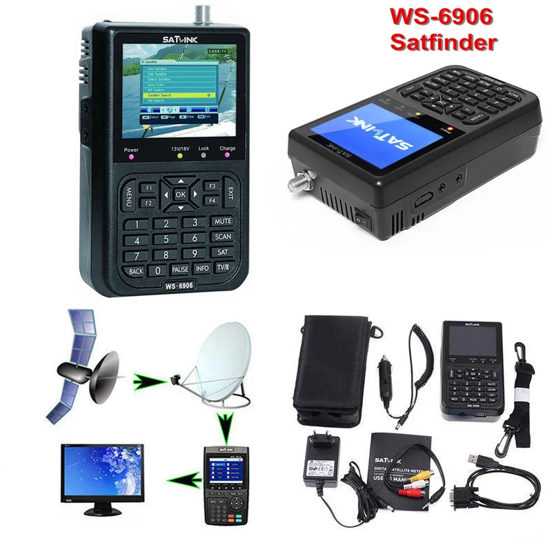 Digital Satellite Meter Signal Finder SATlink WS-6906 DVB-S FTA Data Satellite Signal Meter Finder 3.5" LCD US UK EU AU Plug