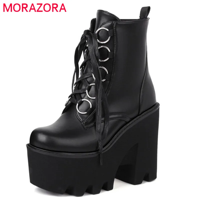 

MORAZORA Hot Sale Gladiator Shoes Women Ankle Boots Round Toe Lace Up Autumn Winter Rome Shoes High Heels Platform Boots Woman
