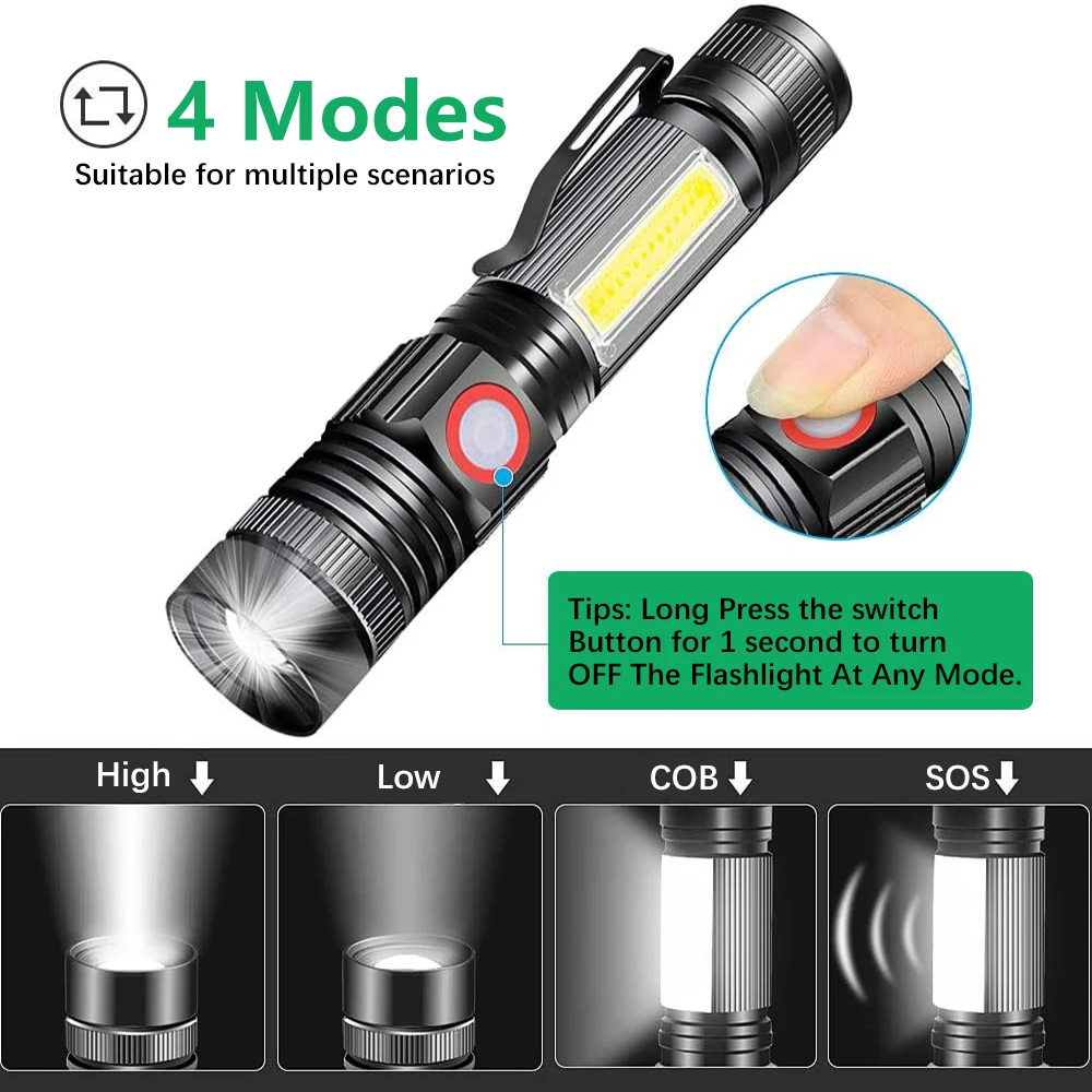 Powerful XHP50/T6 LED Flashlight Waterproof COB Torch with Tail Magnet Zoomable Camping Lantern 2600mAh 18650 USB Work Light | Лампы и