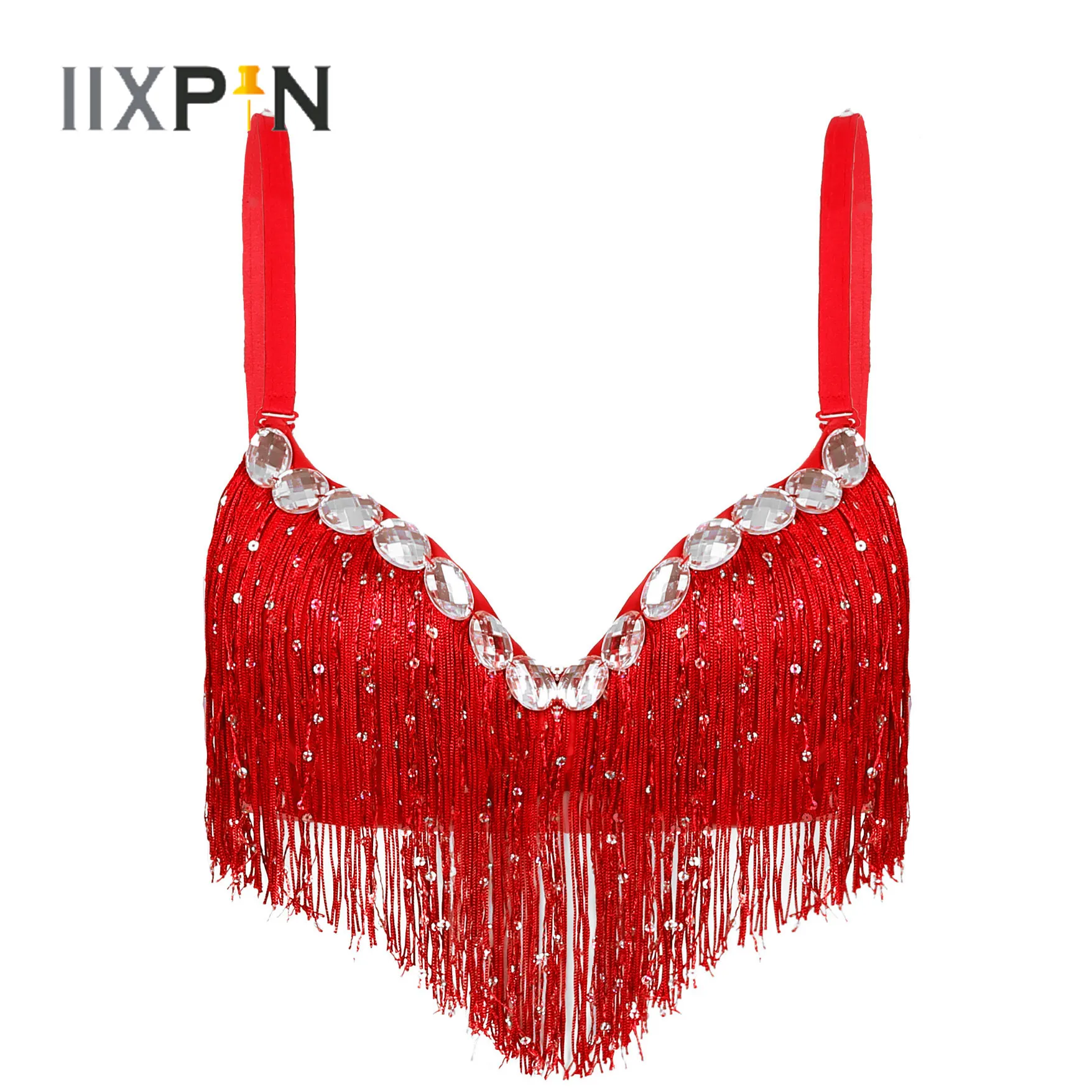 

Womens Belly Dance Push-Up Bra Latin Sequin Tassel Rhinestone Underwired Push-up Brassiere Tops Party Club Performance Costume