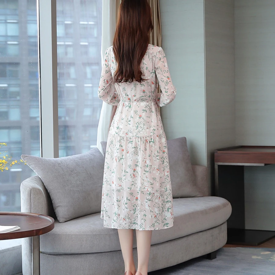 2019 шифоновое Цветочное платье с длинным рукавом Осеннее Новое Женское тонкое