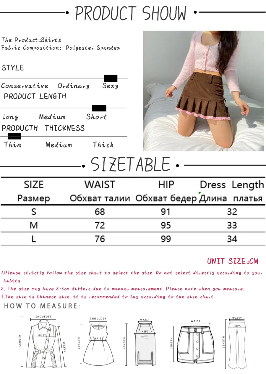 

Jocecat Brown Corduroy Y2K Pleated Skirts Women Vintage 90s Aesthetic School Girl Mini Skirt Lace Trim Hem Cute Kawaii Clothes