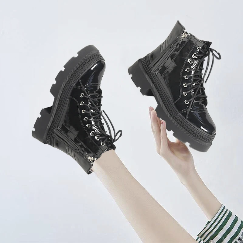 Женские мотоциклетные ботинки RASMEUP Теплые ботильоны из лакированной кожи на