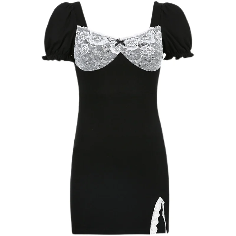 

Kimotimo Sexy Lace Patchwork Dress Women Korean Chic Summer Vintage Square Collar Slim Puff Sleeve Split Mini Party Dresses