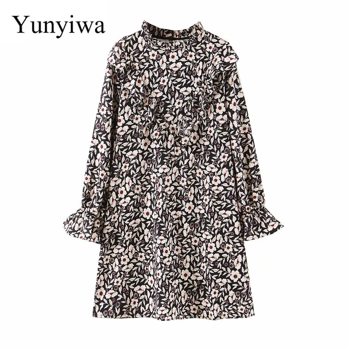 2020 женское новое платье с длинным рукавом и цветочным вырезом женские