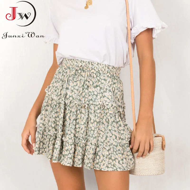 

Women Summer Mini Skirt Fashion Ruffles Floral Print Elastic High Waist Chiffon Casual Beach Cake Pleated Skirt