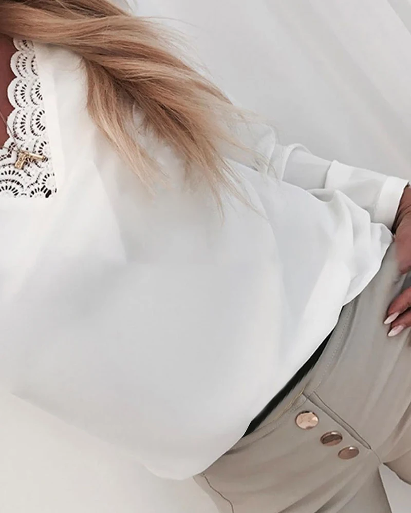 

Women Solid V-Neck Lace Insert Shirt Long Sleeve Ruffles Embroidery Tops