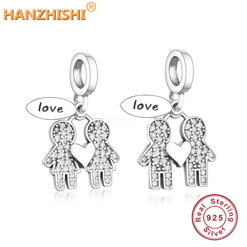 

Real 925 Sterling Silver Shinning Crystal Girl Boy Dangle Beads Heart Charm Fit Original Brand Charms Bracelet Jewelry Making
