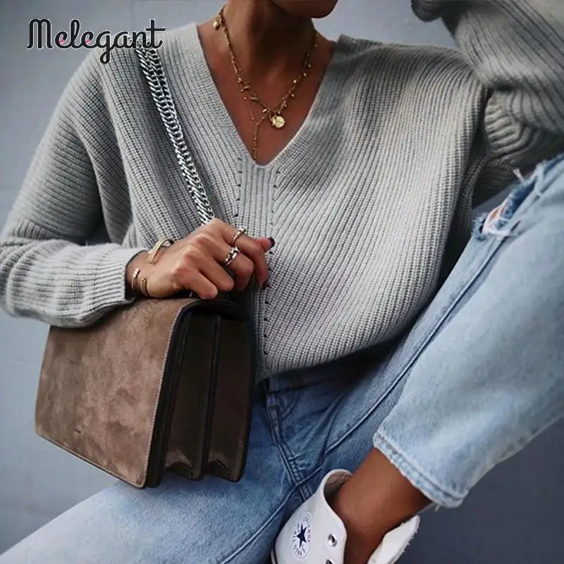 Элегантный Однотонный свитер с v-образным вырезом для женщин вязаные пуловеры 2019